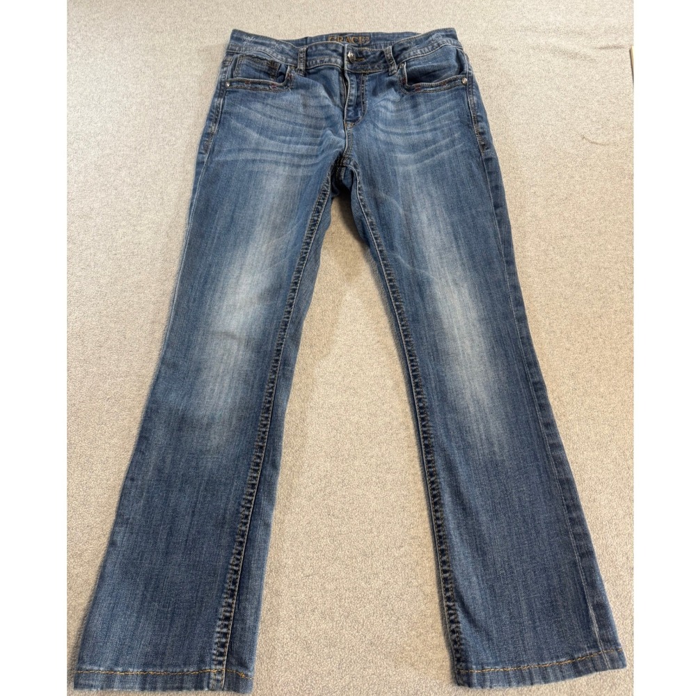 Grace in LA Bootcut Jeans Womens 30 Blue Medium Wash Whiskered Denim Y2K Boho